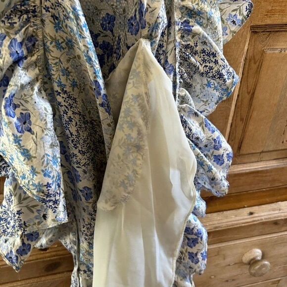 Rebecca Taylor 8 Dress Blue White Floral Ruffle V-Neck Tie‎ Knee Length Silk - Picture 12 of 14